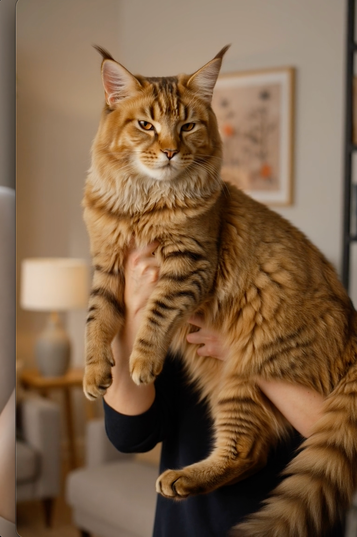 Orange Maine Coon being held indoors